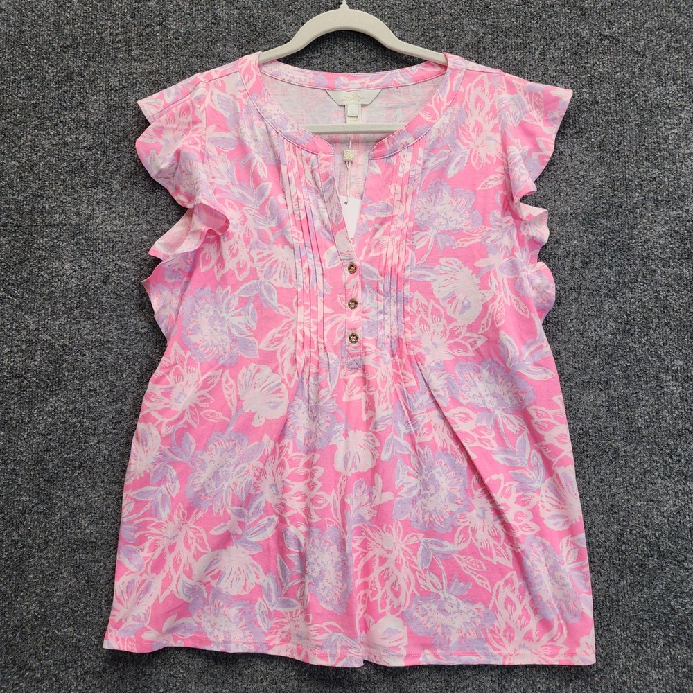 NWT Lilly Pulitzer Golda Ruffle Sleeve Floral Pintuck Henley Cotton Top Large